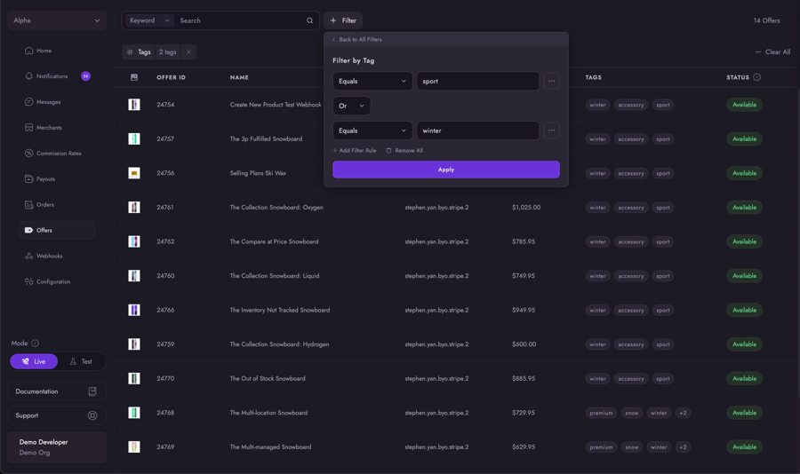 You can combine various tag conditions to filter offers.