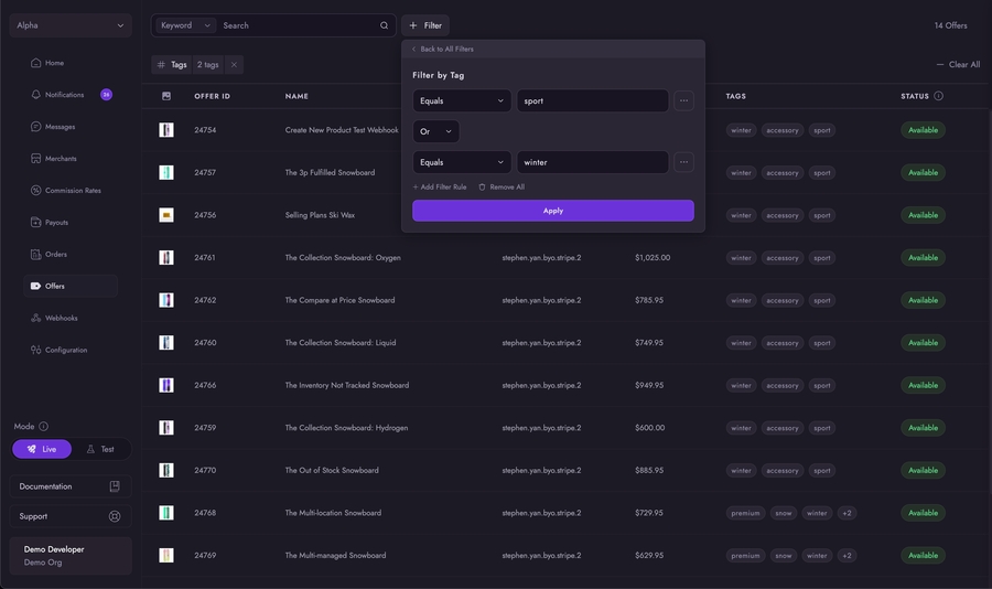 You can combine various tag conditions to filter offers.